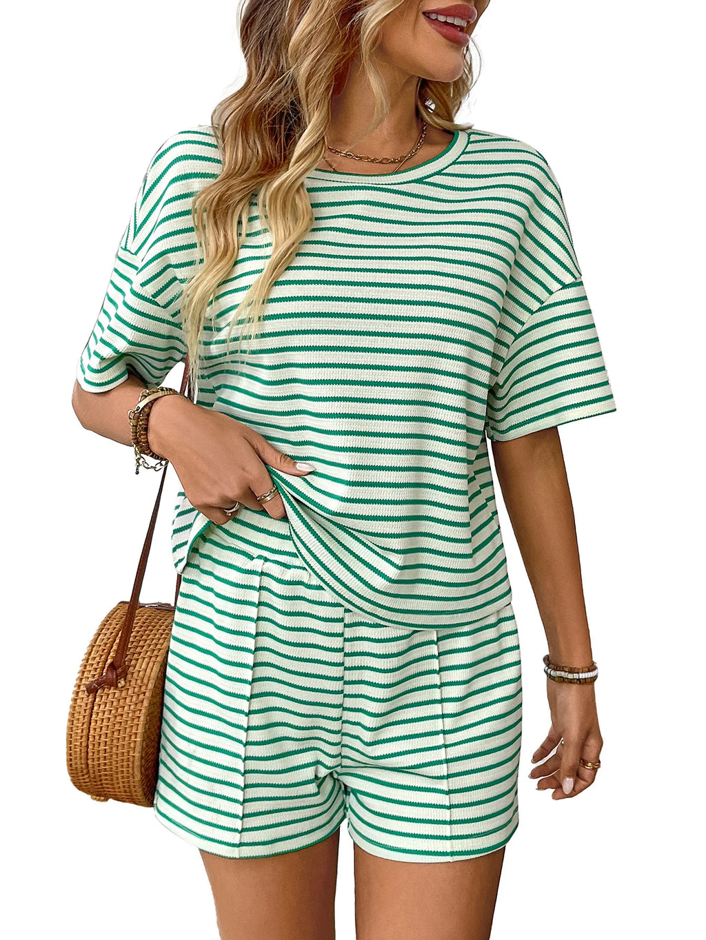 Women's Vacation Fashion Casual Suit Solid Summer Knit Shorts And T Shirts Tops Two Piece Sets 2025 Lady Street Leisure Sets
