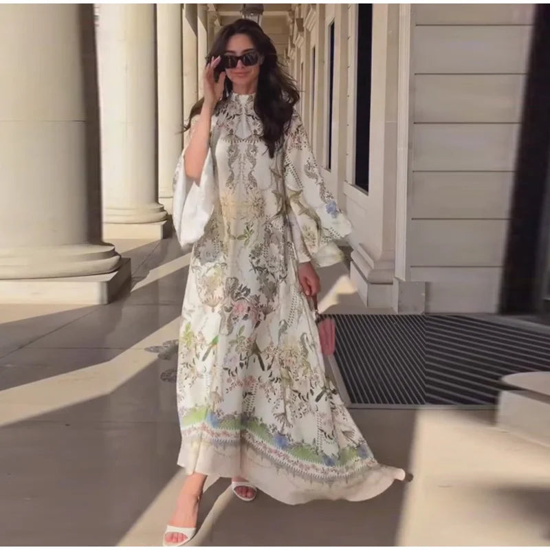 Elegant Women's Printed Long Dresses Loose O-neck Flared Half Sleeve Big Hem Wide Female Dresses 2026 Summer Lady HolidayRobes