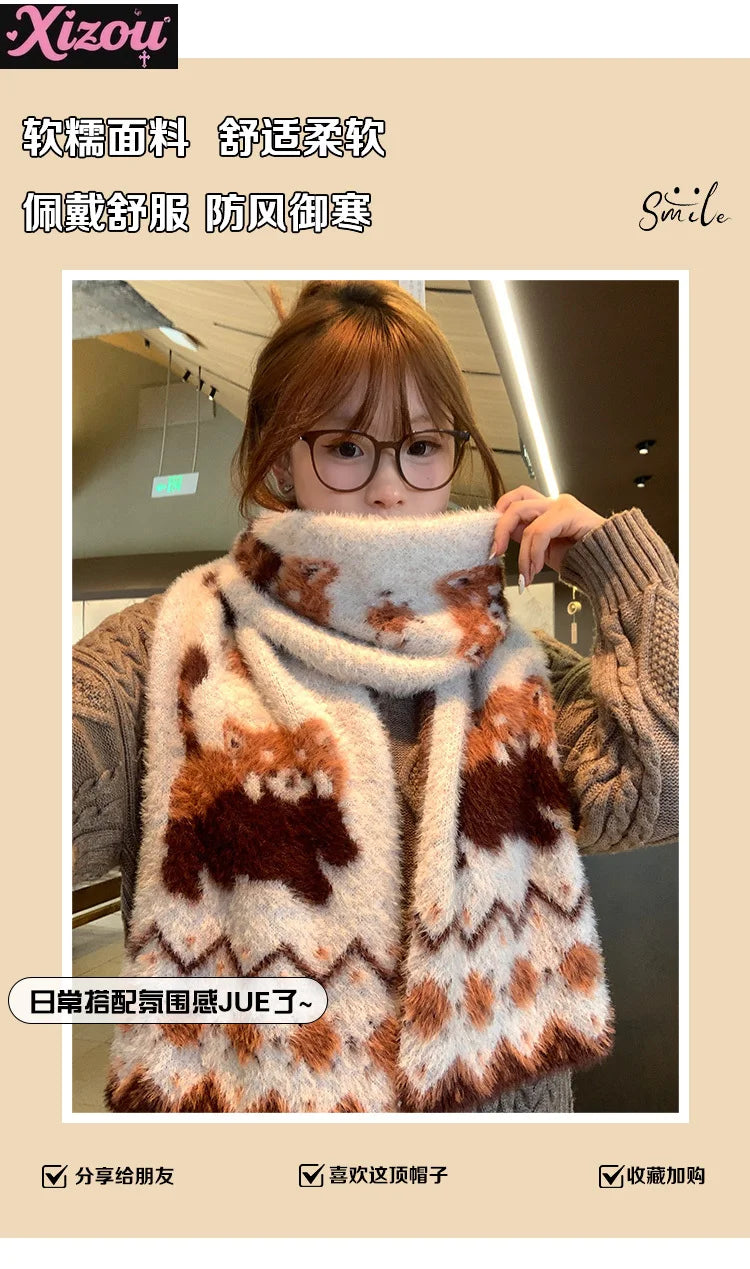 Japanese Cute Lolita Cartoon Red Panda Plush Scarf Female Autumn Winter Thickened Warm Versatile Maillard Neck Scarf 2025 New