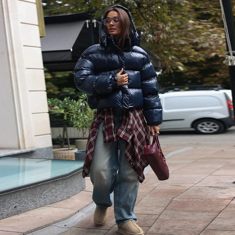 Chic Glossy Zipper Hooded Coat Women's Warm Elastic Waist Pleated Cropped Puffer Jacket 2026 Winter New Lady High Street Outwear