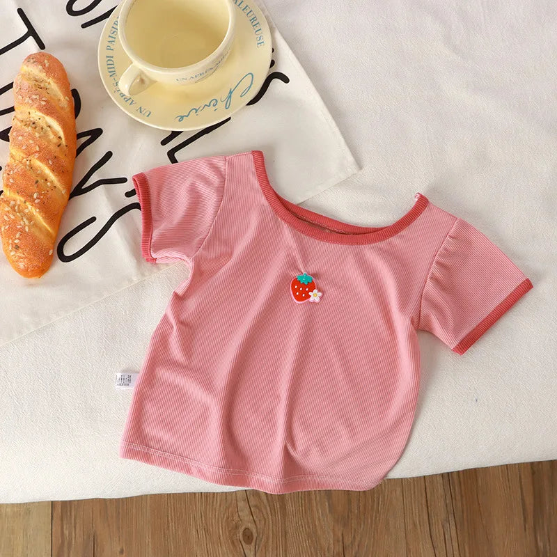 T-shirt Summer Square Collar Tops Casual Versatile Children Clothing New Baby Girls Tees Short Sleeve