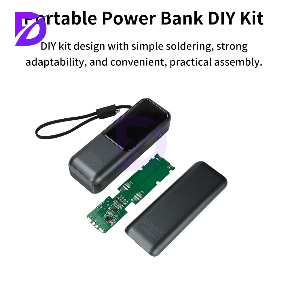 High-Power PD 100W Fast Charging with Built-in Cable Power Bank DIY Kit 4-Cell 21700 Battery Case Gray Power Bank Housing