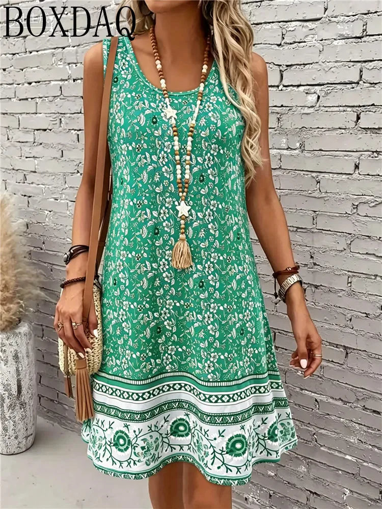Women's New Summer Round Neck Sleeveless Loose A-Line Flower Multi-Color Printed Fashionable and Elegant Party Dress
