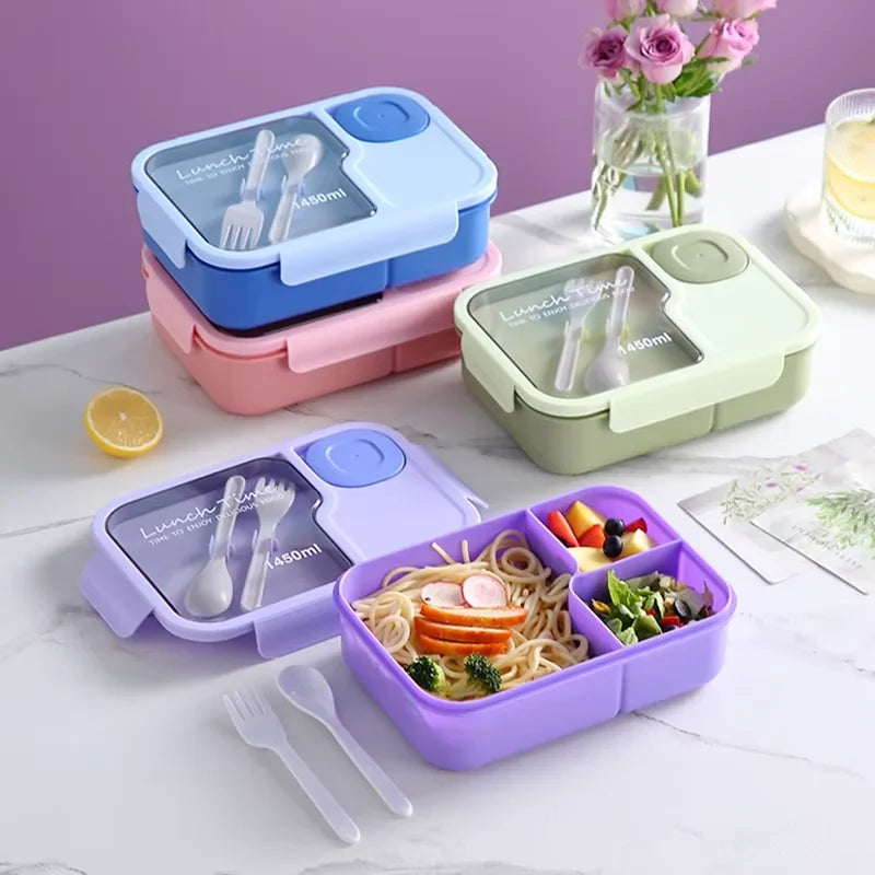 Bento Lunch Box Kid's Lunch Box Microwaveable Bento Box with Tableware Kawaii Heated 3 Grid Sandwich Snack Food Box Food Storage