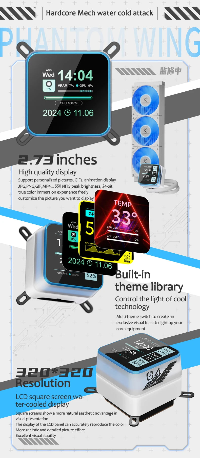 X-GAMERX S360 ARGB All-in-one water cooling radiator/Support LGA1851/1700/115X/1200/AM5/AM4/2.73-inch magnetic LCD screen