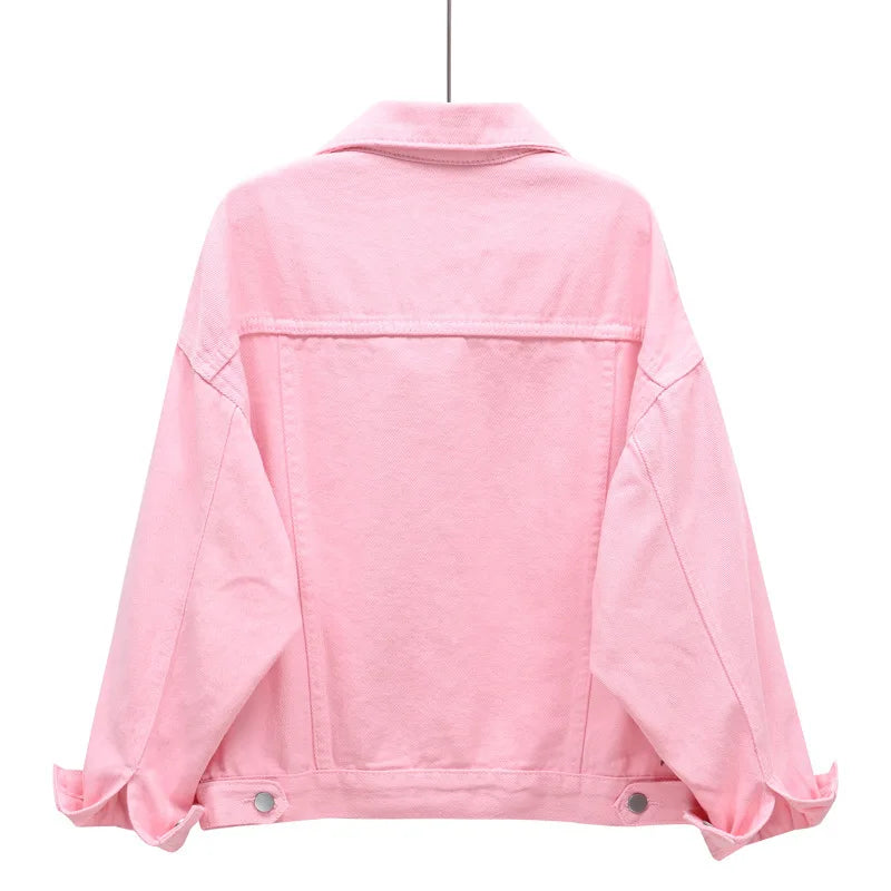 Pink Denim Jacket Women's Spring Autumn Single-breasted Lapel Coat Fashion Green Black Red Blue Outerwear Female Jean Overcoat