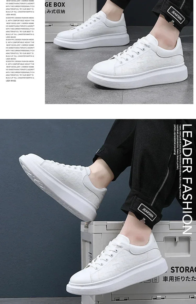 2026 Men's Casual Shoes Spring and Autumn Flat-soled Casual Leather Shoes Sports Shoes Black and White Men's Thick-soled Shoes