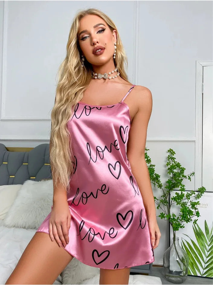 Sleepwear Women's Sexy Lingerie Heart Print Nightdress Scoop Neck Criss Cross Back Sleepdress Nightgowns Pajamas Nighties