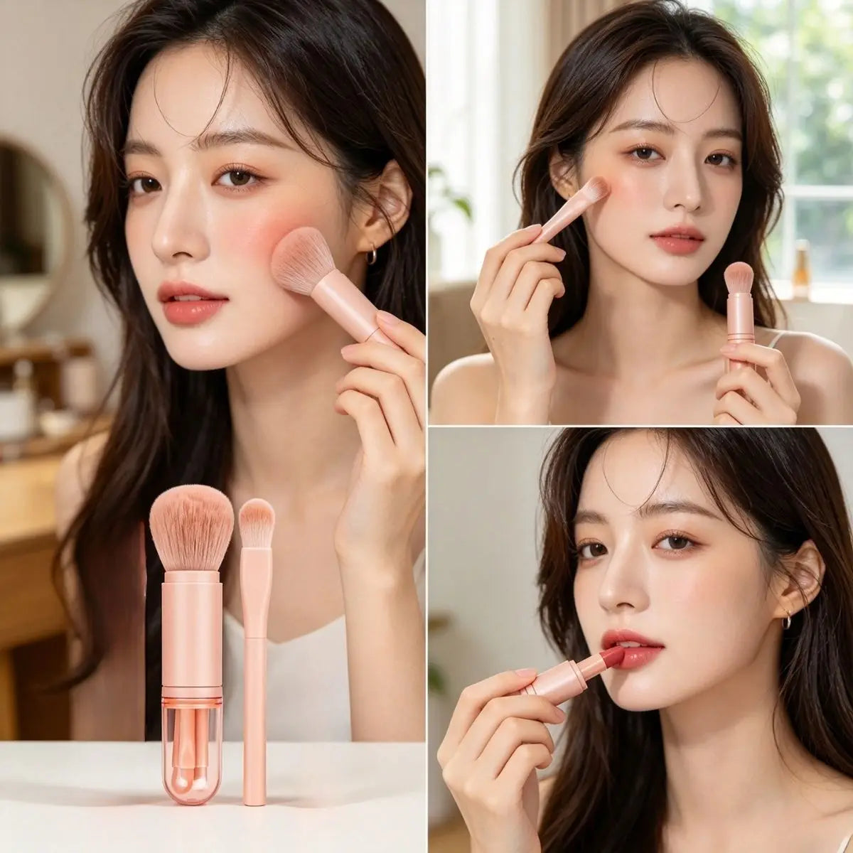Travel Makeup Brushes Set: 4 in 1 Mini Cute Makeup Brush Retractable Foundation Blending Powder Eye Shadow Brush