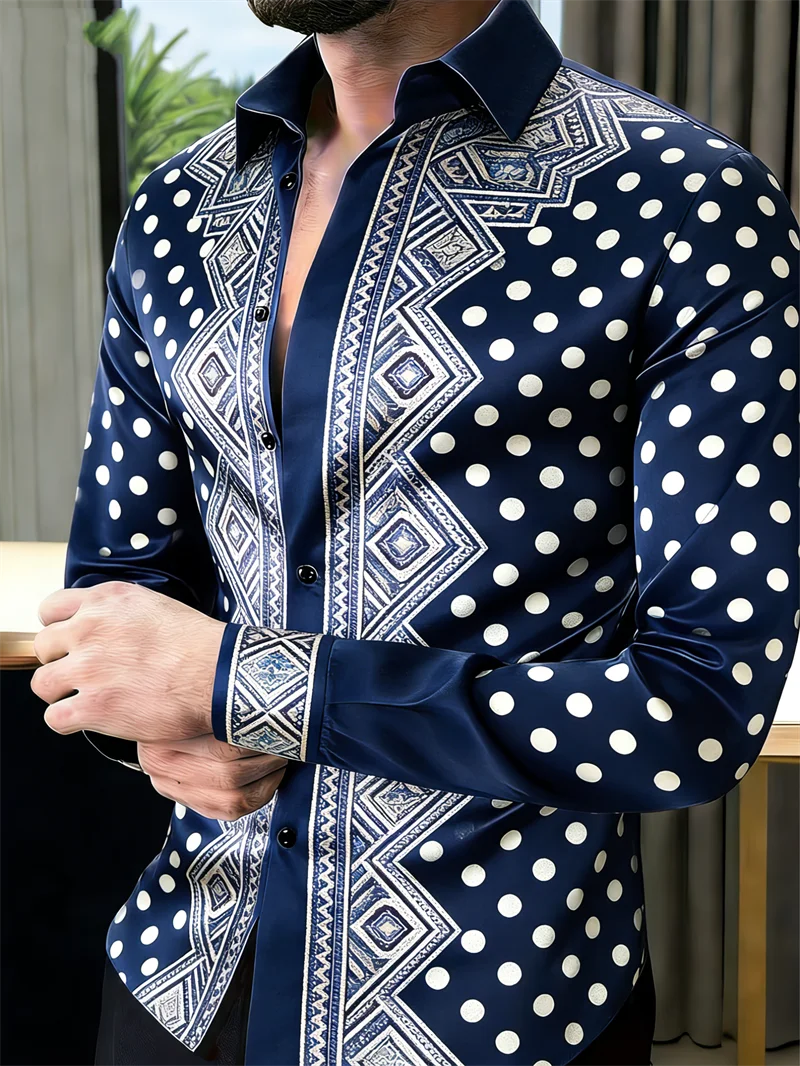 New 11 color men's long sleeved shirt with gold 3D printing, fashionable polka dot pattern, luxurious shirt style