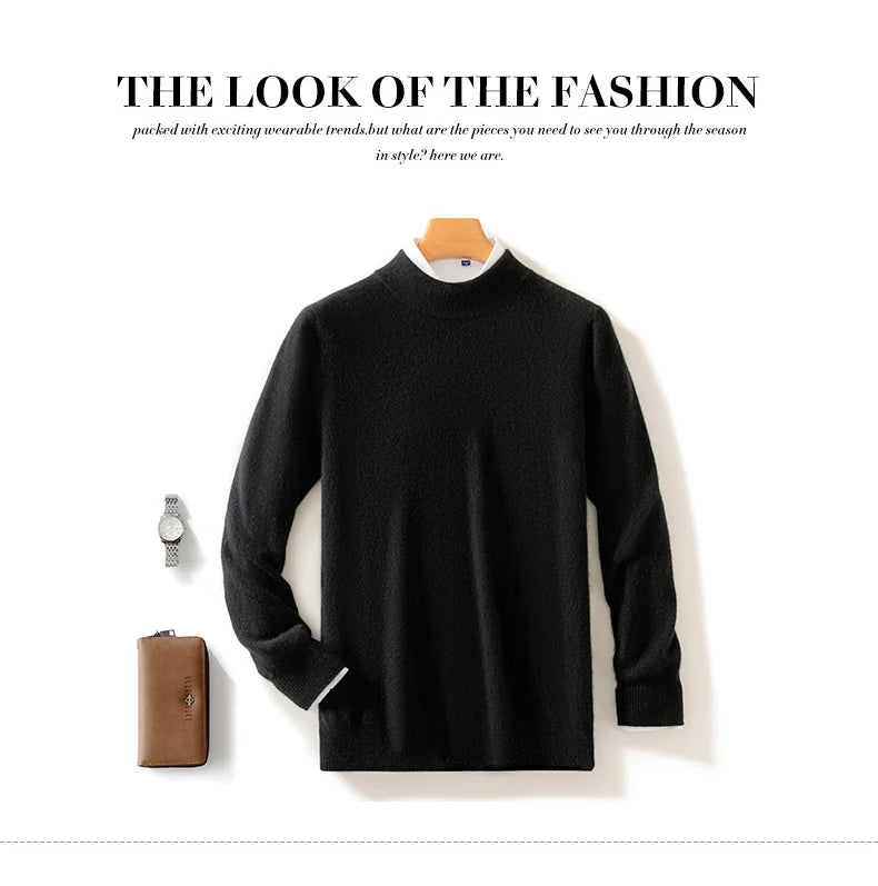 Autumn and Winter Half-high Neck 100% Pure Wool Men's Long Sleeve Leisure Sweater Knitwear