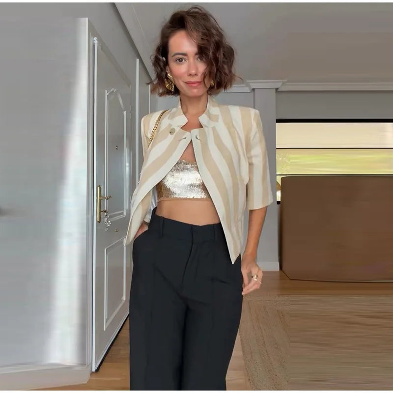 Women Chic Stripe Cropped Blazer Jacket Stand Collar 3/4 Sleeve Single Breasted Shoulder Pad Top 2026 Summer Fashion Street Coat