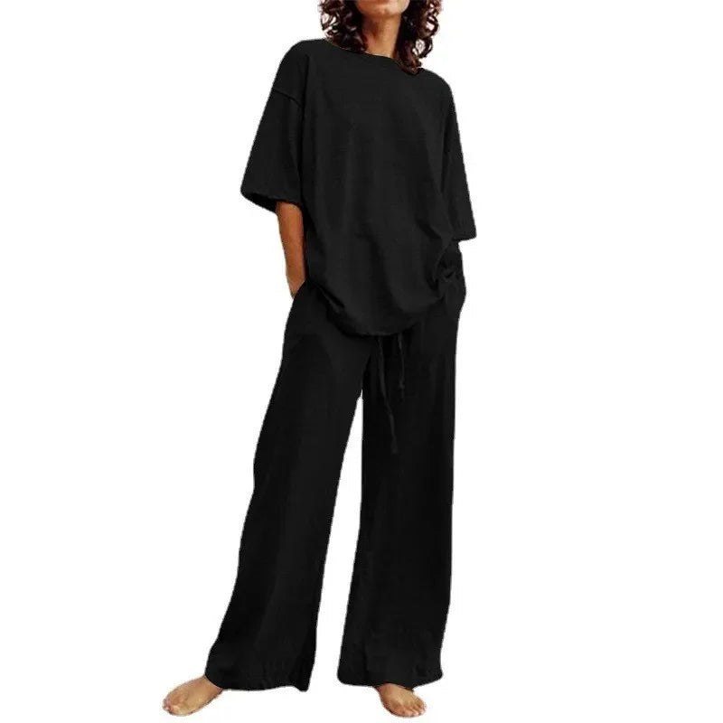 Fashion Women's 2-piece Set 2024 Summer Casual Pocket Set Half Sleeve O-Neck Top and Wide Leg Large Outline Pants Set