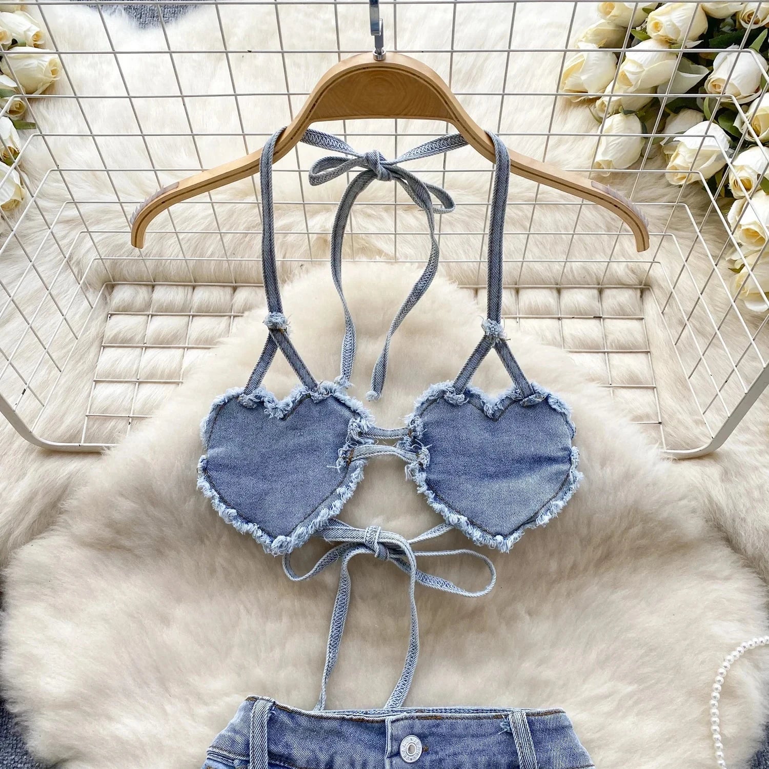 Retro Women Bikini Denim Suits Summer Halter Camis Mini Short Pant Fashion Vacation Suits Sexy Comfortable