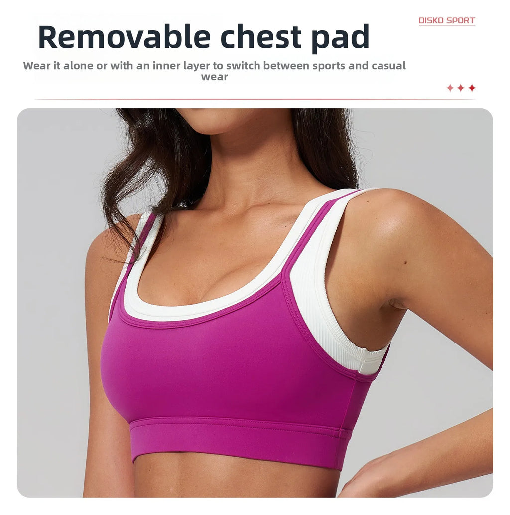 Custom LOGO Women's Naked Fake Two-piece Sports Vest Threaded Contrast Yoga Bra Running Fitness Clothing Top