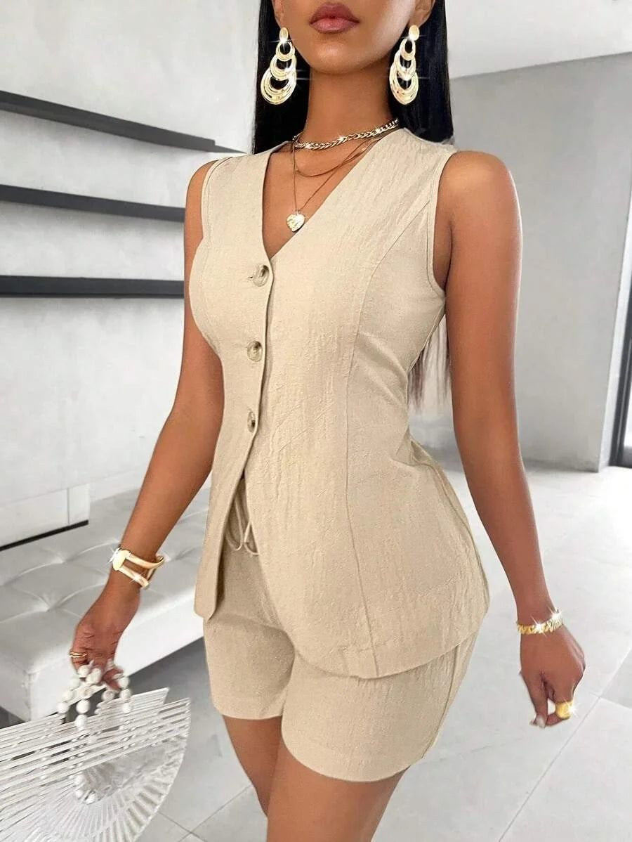 Fashion Casual Shorts Set 2-piece Women's Comfortable Casual Solid Color Button Sleeveless Vest Lace Up Shorts Set
