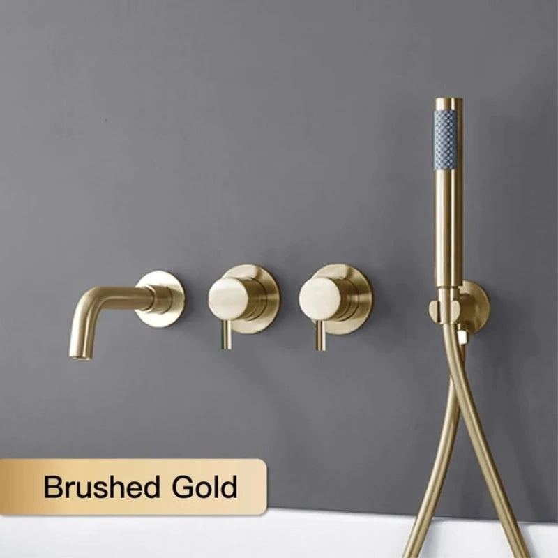 Farrete Concealed Wall-Mounted Bathtub Faucet Gun Grey All-Copper Built-In Cold and Hot Shower Head Set Bathroom Brushed Gold