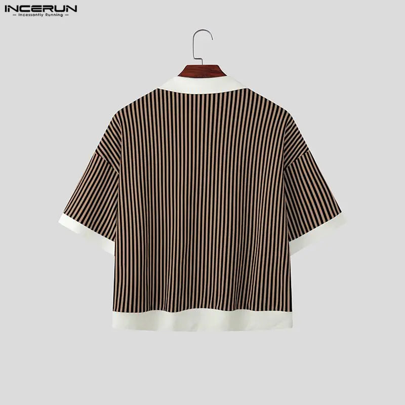 INCERUN Men Shirt Striped Patchwork Lapel Short Sleeve Casual Men Clothing Summer Color-block Fashion Leisure Tops Male Shirts
