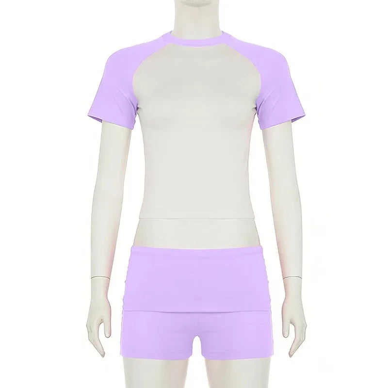 Women's Colorblock 2 Piece Outfit Set Raglan Sleeve Crop Top High Waist Foldover Waistband Biker Shorts Casual Sporty Loungewear