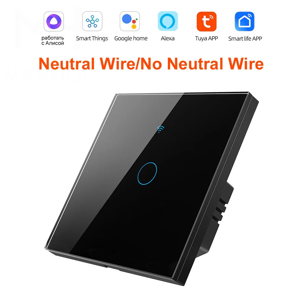 Smart EU Touch Sensor Switch Switches LED Crystal Glass Panel Wall Lamp Light Switch 1/2/3/4Gang No Neutral Wire APP Control