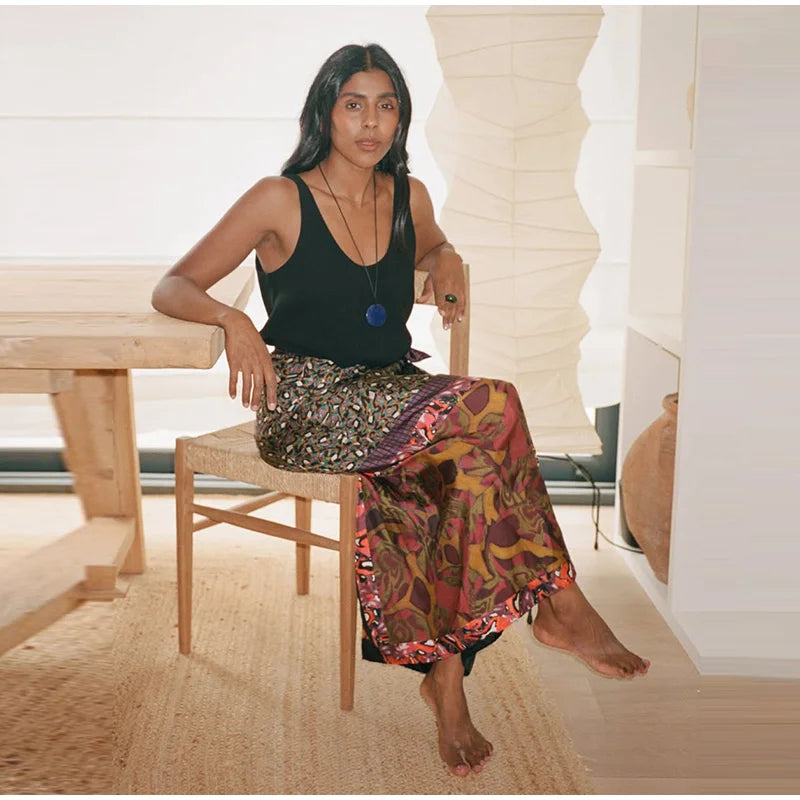 High Waist Wrap Tie Midi Skirt Color Block Abstract Floral Patchwork Print Flowy Satin Skirts 2026 Summer Holiday Boho Chic Wear
