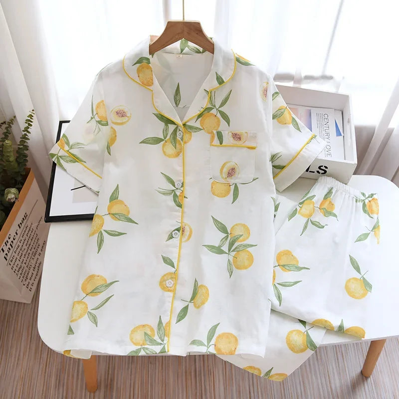 2026 Japanese new spring and summer short-sleeved trousers pajamas 2-piece set 100% cotton gauze flower cartoon home service set