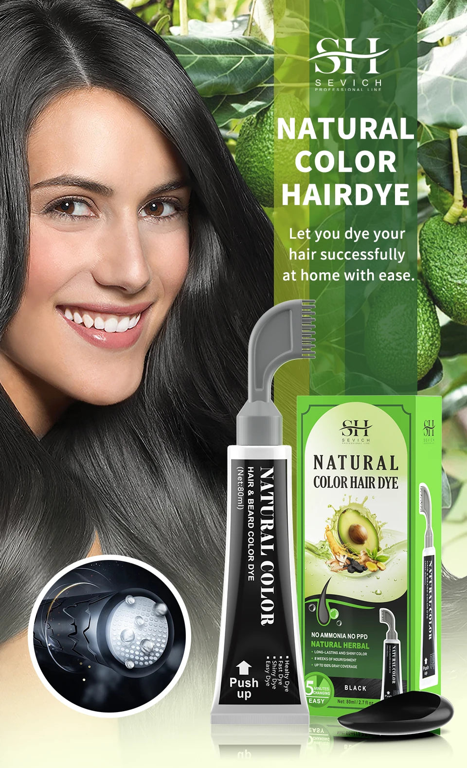 Avocado Fast Hair Dye Black Shampoo with Comb 80ml Black Hair Dye Shampoo with Comb Non-irritating Repair Gray White Hair Care