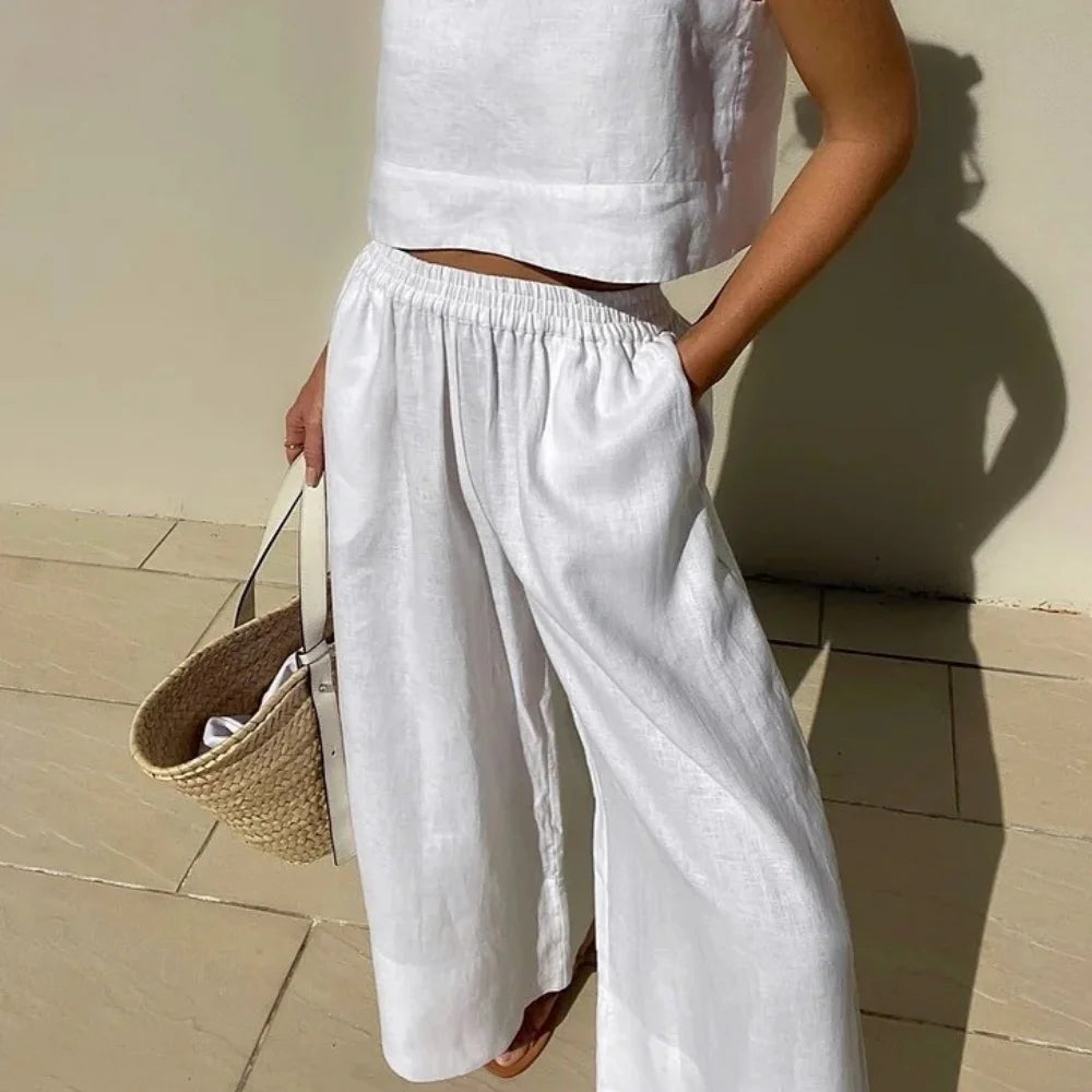 Women's Long Pant Sets Sleeveless Cropped Top Drawstring Elastic Waist Wide Leg Pants 2 Piece Set Casual Commute 2026 Summer New