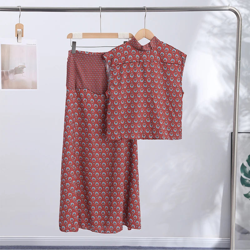 Elegant Printed Women's Vest Skirts Suit Sleeveless Top A-Line Long Skirts Lady Set 2026 Summer Autumn 2 Pieces Set Women