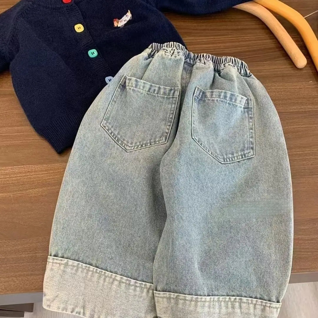 Spring Autumn Baby Boy Wide Jeans Korean Casual Cartoon Outwear Children Boy Denim Pants Loose Elastic Waist Kid Boys Trousers