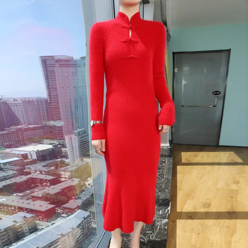 100% Mink Cashmere Knitted Dress Ladies Stand Collar Buckle Long Skirts Retro High Waist Over Knee Slim Dress New Thick Sweater