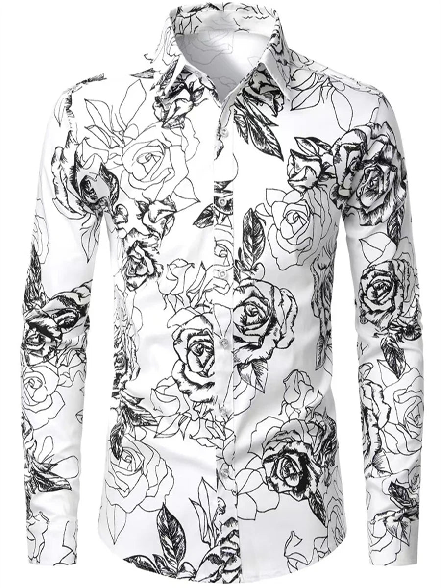 Spring and Autumn Men's Casual Outdoor Luxury Suit Lapel Shirt Long Sleeve Soft Comfortable Material Floral Rose Red HD Pattern