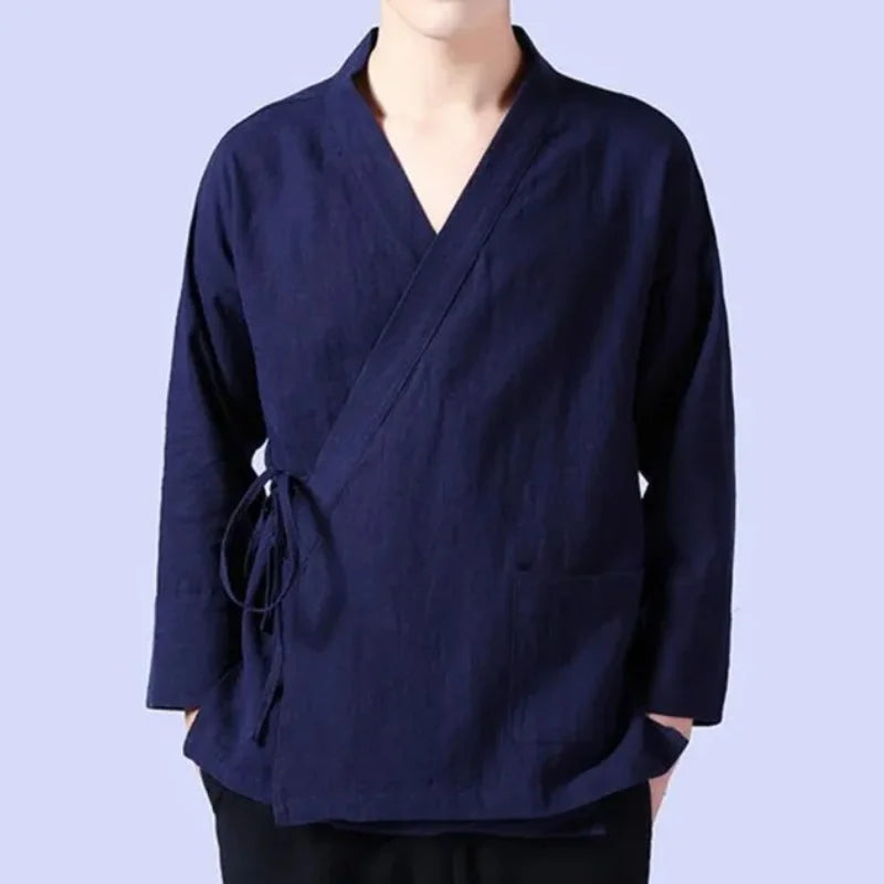 Men's Linen Vest Men's Shirt Long Sleeved Chinese Official Collar Traditional Kung Fu Tang Casual Social Shirt Plus Size Shirt