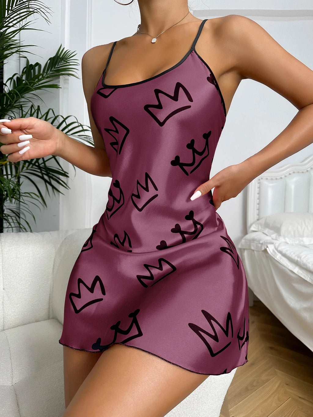 Heart Print Nightdress Elegant Scoop Neck Criss Cross Back Sleep Dress Women's Sleepwear