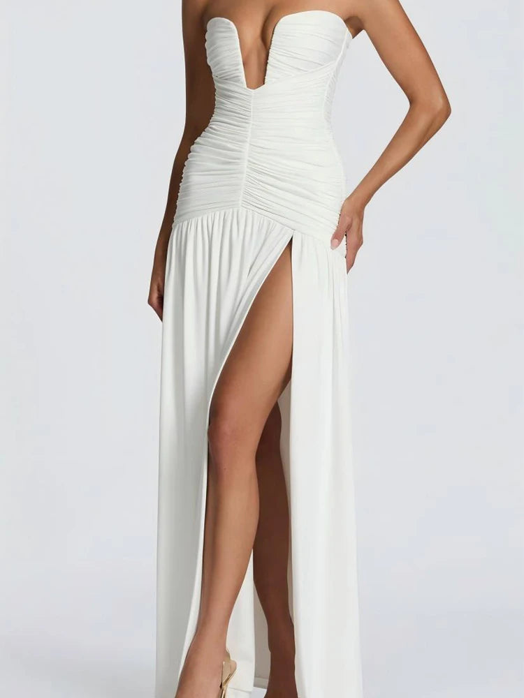 Women Elegant Deep V-neck Pleated Strapless Dress Chic Off-shoulder Backless Split Maxi Dresses 2026 Lady Evening Party Vestidos