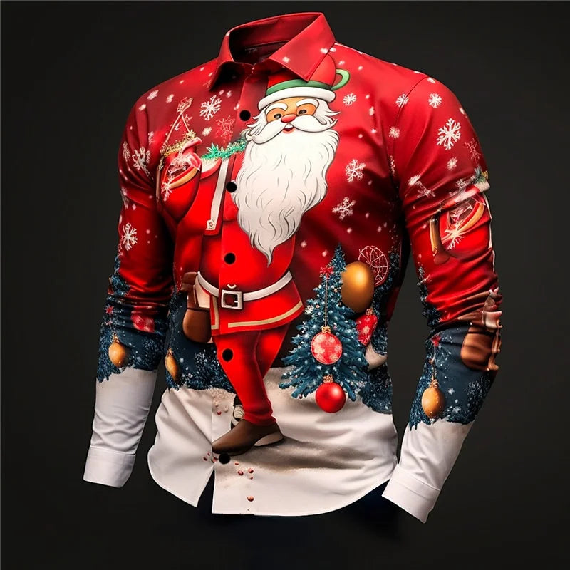 Christmas Fireworks: Santa Print Men's Long Sleeve Shirt, Men's Fashionable Party Christmas Shirt, Four Seasons Casual Men's Shi