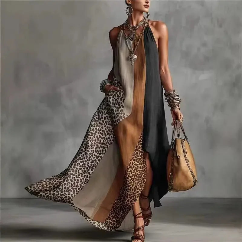 2026 New Women's Patchwork Animal Print Elegant Party Dresses Summer Halter Split Hem Long Dress Sleeveless Vacation Maxi Dress