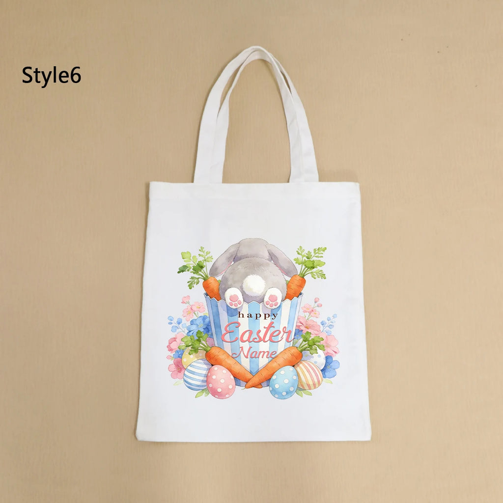 Custom Easter Tote Bag With Bunny And Floral Design, Personalized Name Shoulder Handbag For Spring Celebrations,