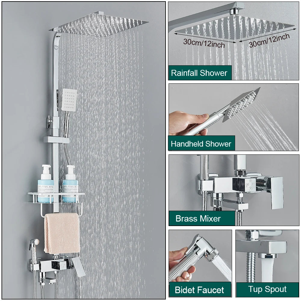 Shower Faucet Set Rainfall 3/4-ways Bathtub Tap With Bathroom Shelf Height Adjust Brass Mixer Crane Hot Cold Water Systems
