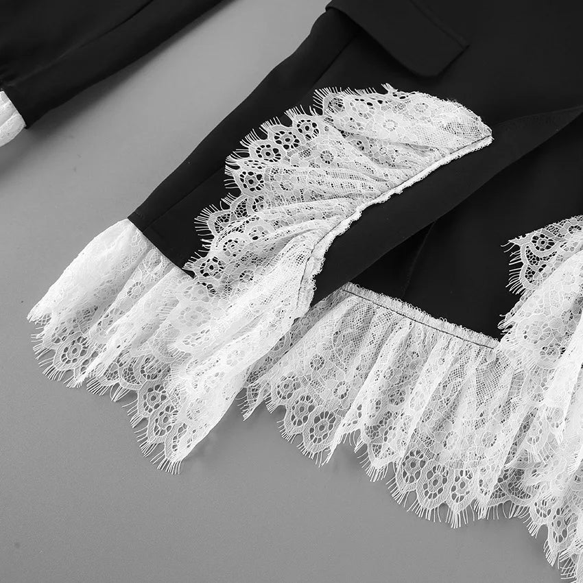 BKLD 2026 Autumn New Sexy V-Neck Lace Patchwork Black Dress Elegant Temperament Long Sleeve Blazer Short Dresses Women Clothing