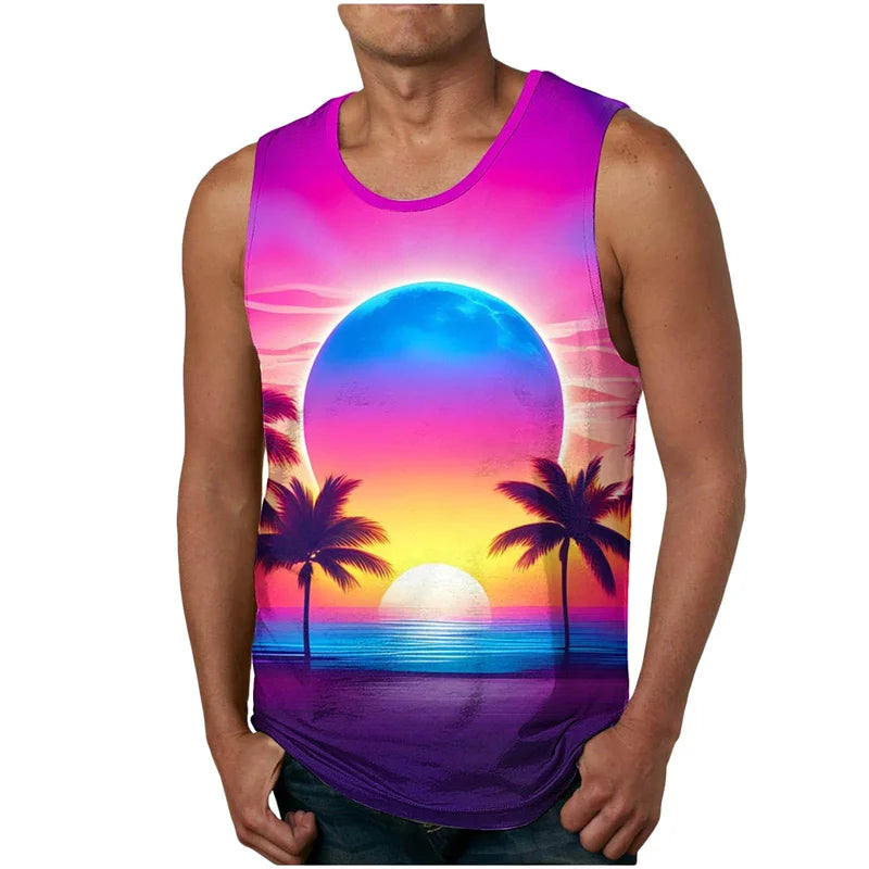 vintage Summer 3D New Coconut Trees Printed Tank Top Tropical Leaves Graphic Tank Tops Men Fashion Cool Streetwear Clothing Vest