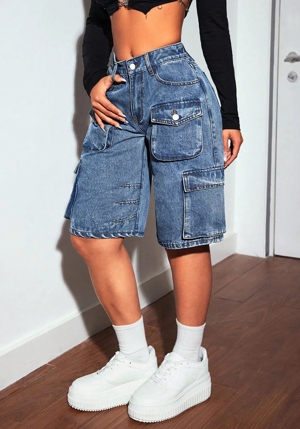 Shorts Women Knee Length Cargo Jeans Multiple Pockets High Waist Washed Distressed Streetwear 2025 Summer Denims Short Pants