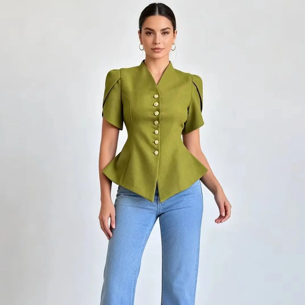 LIMO Peplum Blazer Top with V-Neck, Puff Sleeves and Decorative Buttons