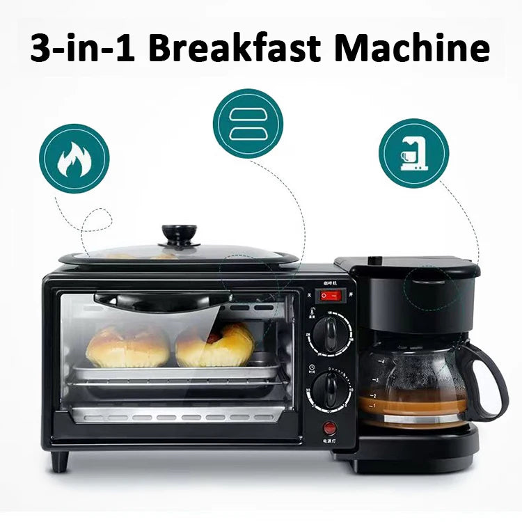 Multifunctional 110V/220V 3 In 1 Breakfast Machine Mini Toaster Oven with Timer