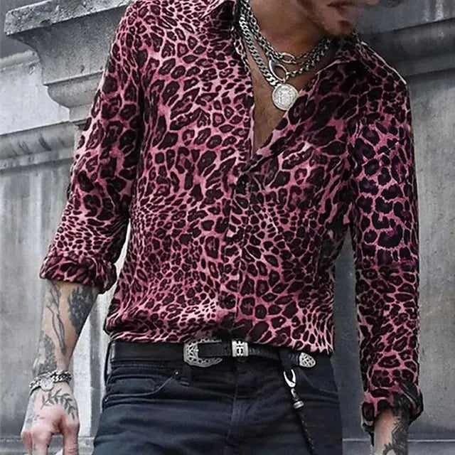 2024 Leopard Print Pattern Lapel Button men's Shirt 3D Printed Casual Fashion Long Sleeved Shirt Street Unisex Clothing Top