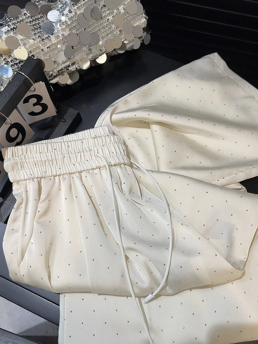 2026 High Quality Luxury Full Rhinestone Wide Leg Pants Fashion New Drawstring High Waist Straight Pants Ladies Casual Trousers