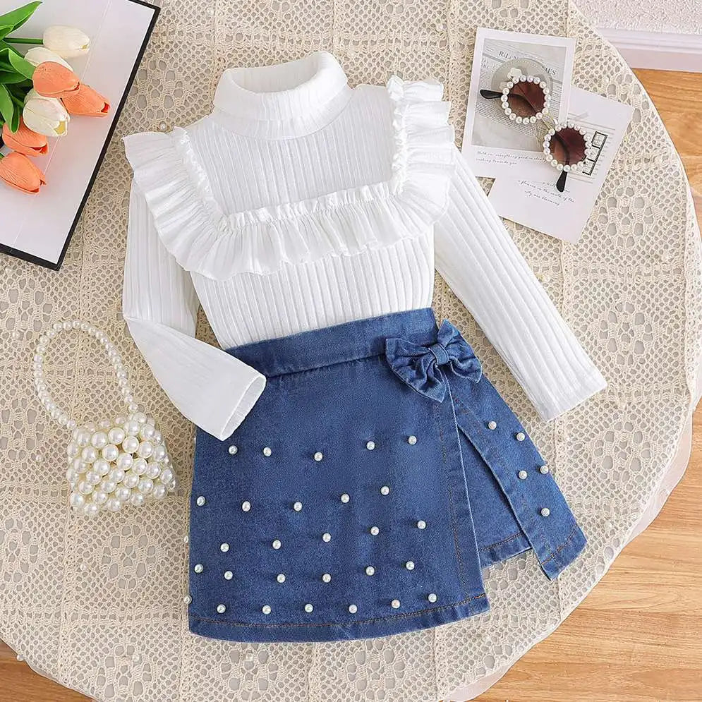 Baby Girl 4-7 Yrs Clothing Set Fashion Long Sleeve Tops+Skirt Wedding Party Children Girls Outfits 2025 New Style Costume Sets