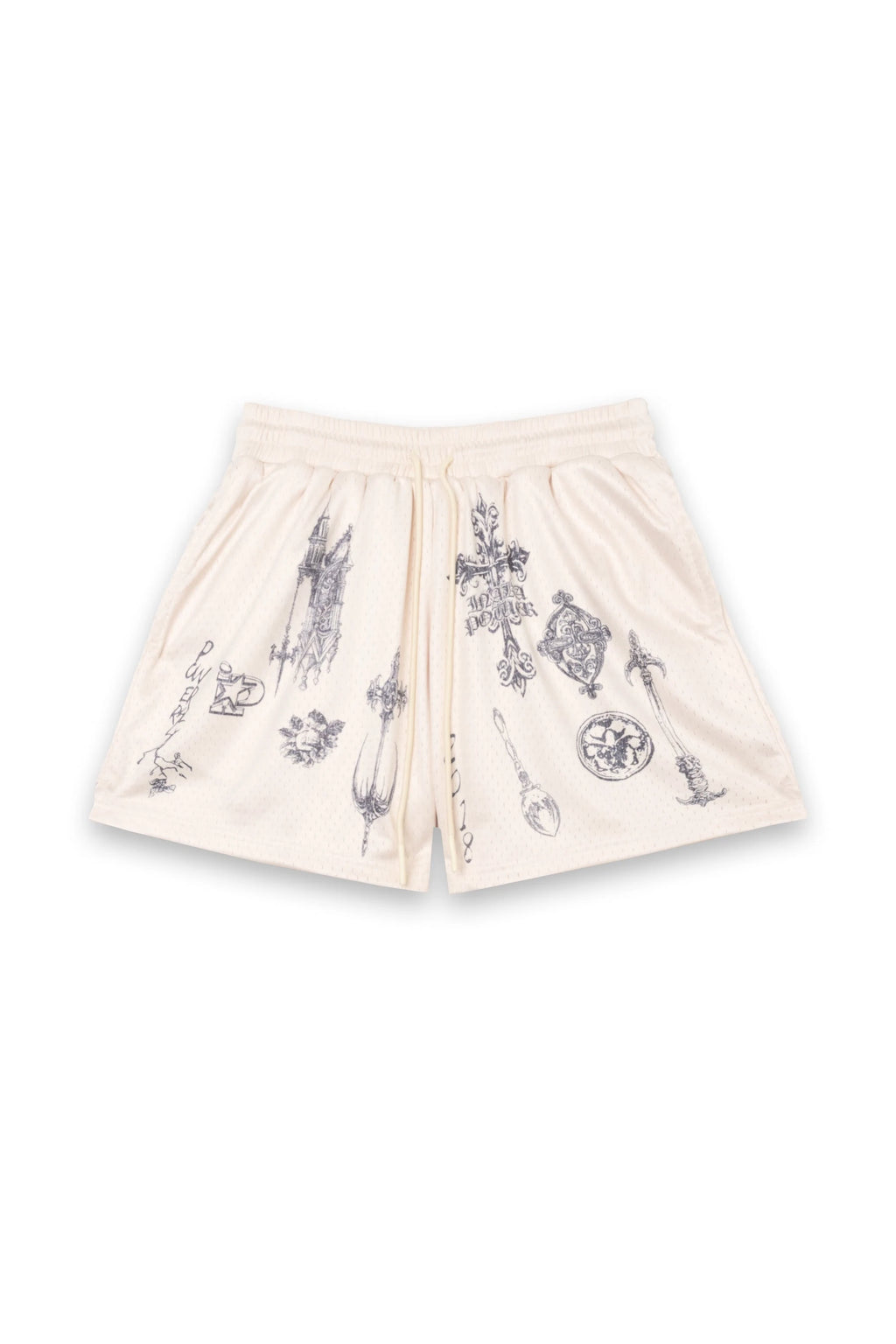 2026 Summer Y2K Gothic Weapon Print Mesh Shorts Men Breathable Streetwear Elastic Waist Casual Gym Lightning Pattern Shorts