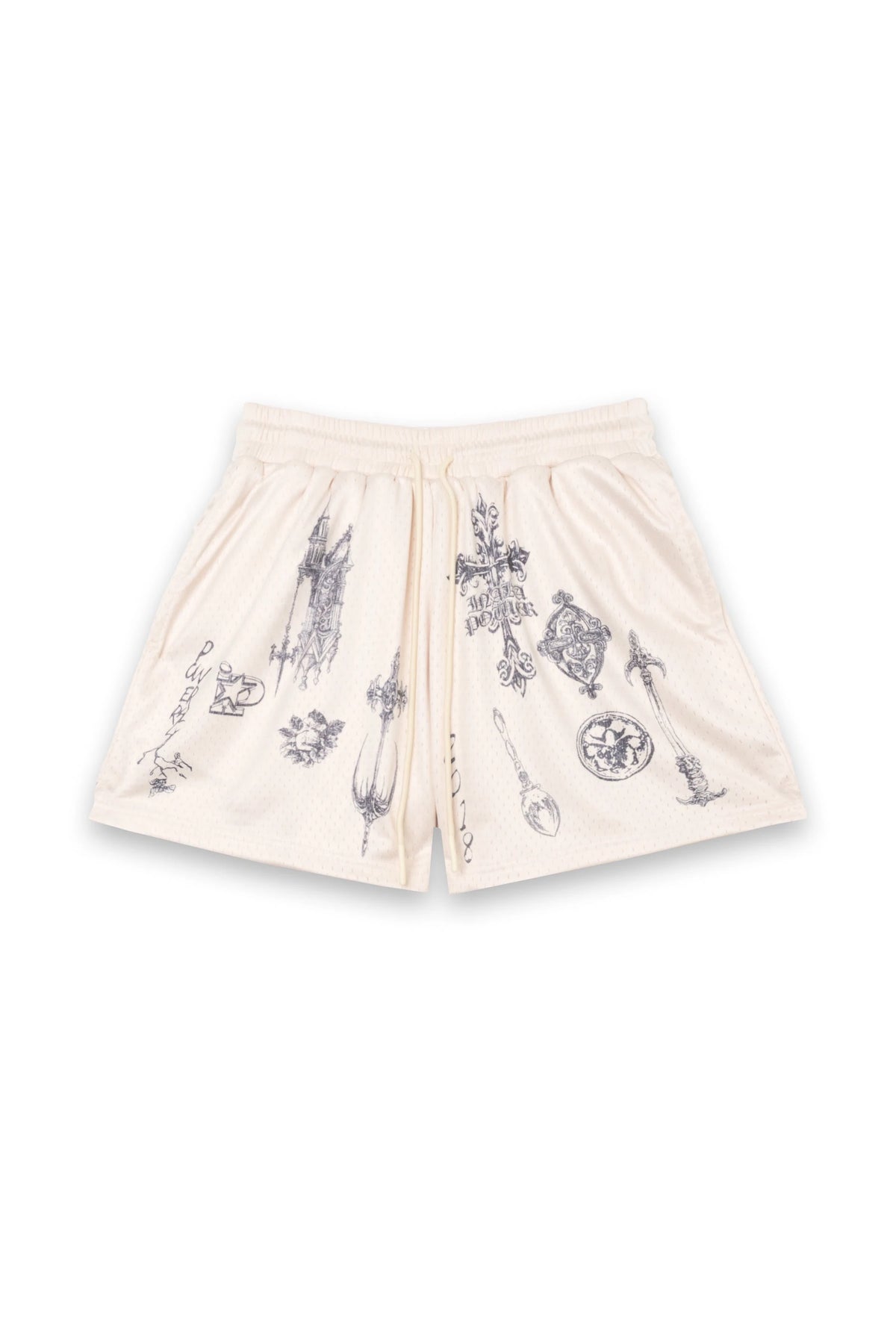 2026 Summer Y2K Gothic Weapon Print Mesh Shorts Men Breathable Streetwear Elastic Waist Casual Gym Lightning Pattern Shorts