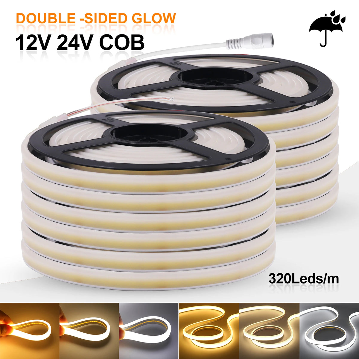 12V 24V COB LED Strip Light Double Side Glow Waterproof Flexible LED Neon Tape 320LEDs High Density Linear Lighting 0.5-20M